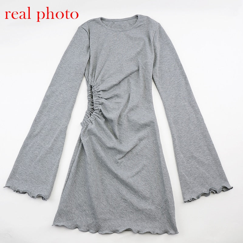 Autumn draped flare sleeve mini dress with cut-outs, ruched details, round neck, from The Clothing Company Sydney, casual streetwear style