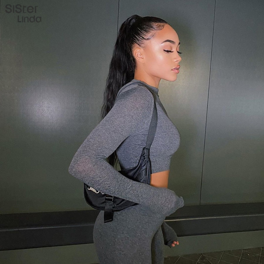 Two-piece sporty activewear set by The Clothing Company Sydney with long sleeve tops and matching leggings for workout and fitness.