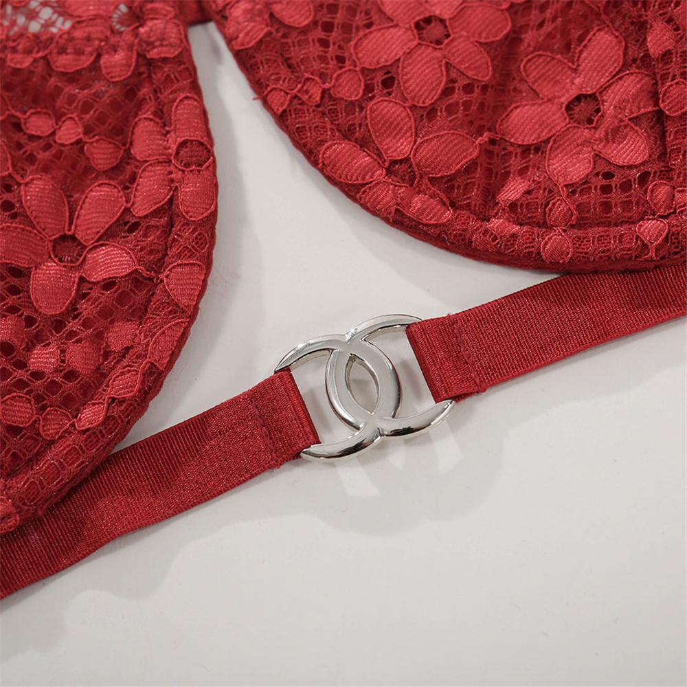 Red floral embroidery lingerie set with see-through lace bra and thong from The Clothing Company Sydney, featuring sexy, lightweight design.