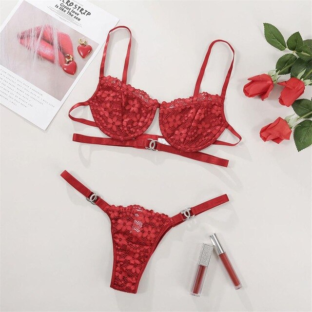 Red floral embroidery lingerie set with see-through lace bra and thong, featuring sexy, delicate design from The Clothing Company Sydney