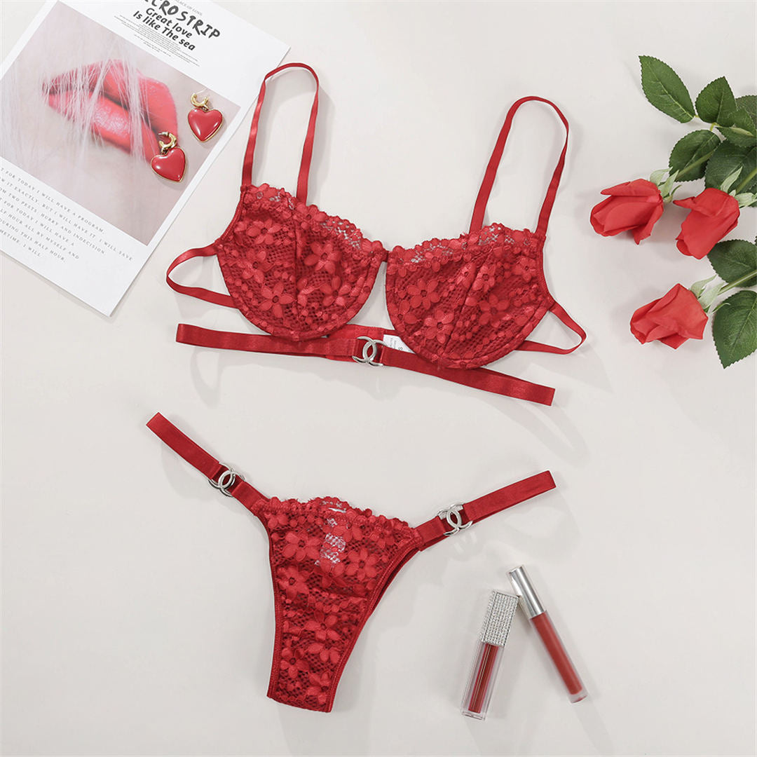 Red floral embroidery lingerie set with see-through lace bra and matching thong from The Clothing Company Sydney.