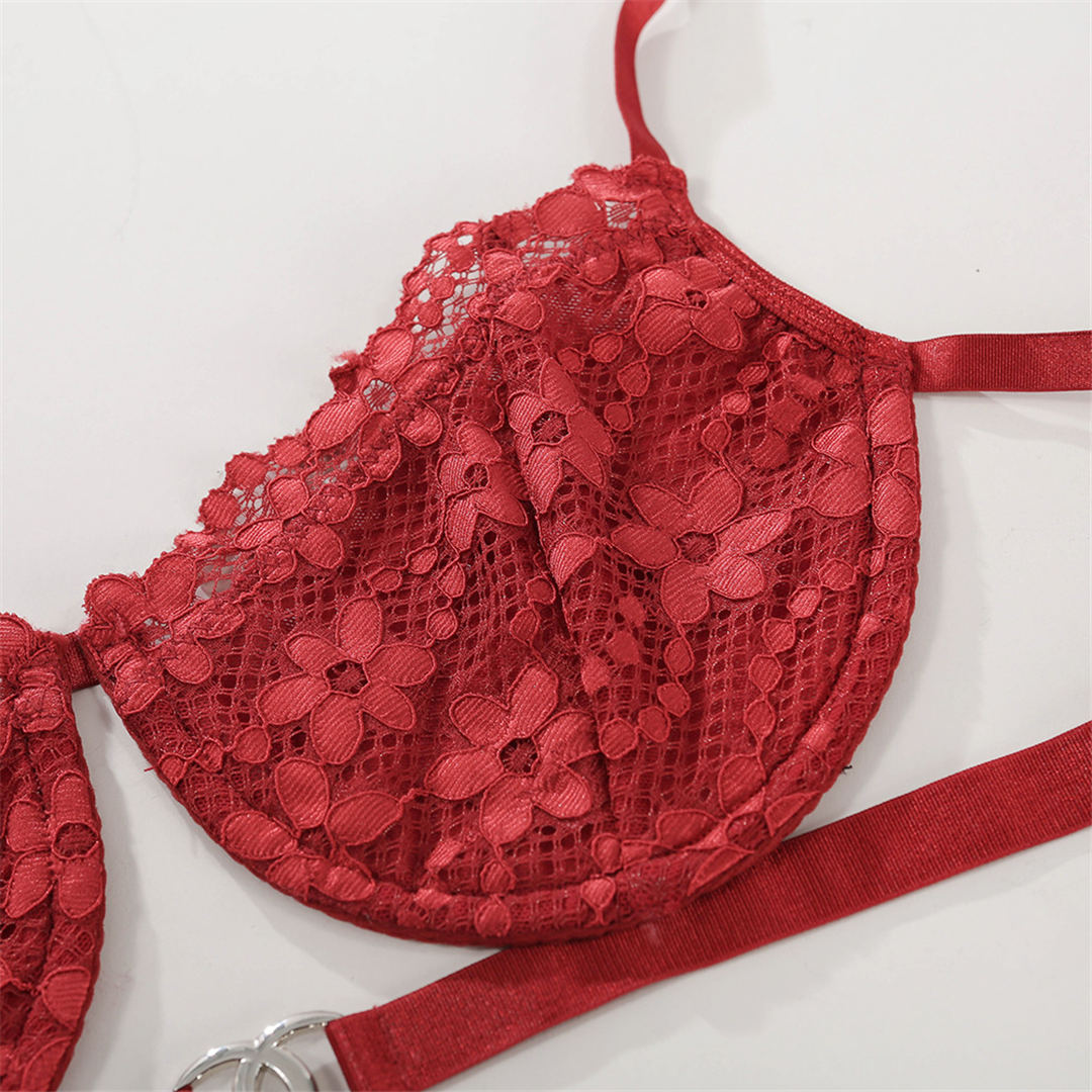 Red floral embroidery lingerie set with see-through lace bra and thong, featuring a sexy, elegant design from The Clothing Company Sydney.