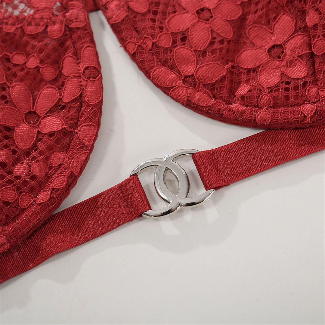 Red floral embroidery lingerie set with see-through lace bra and thong, featuring 2 pieces from The Clothing Company Sydney.