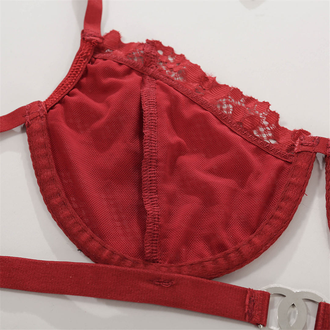 Red floral embroidery lingerie set with see-through bra and thong from The Clothing Company Sydney, featuring lace details and sexy design.