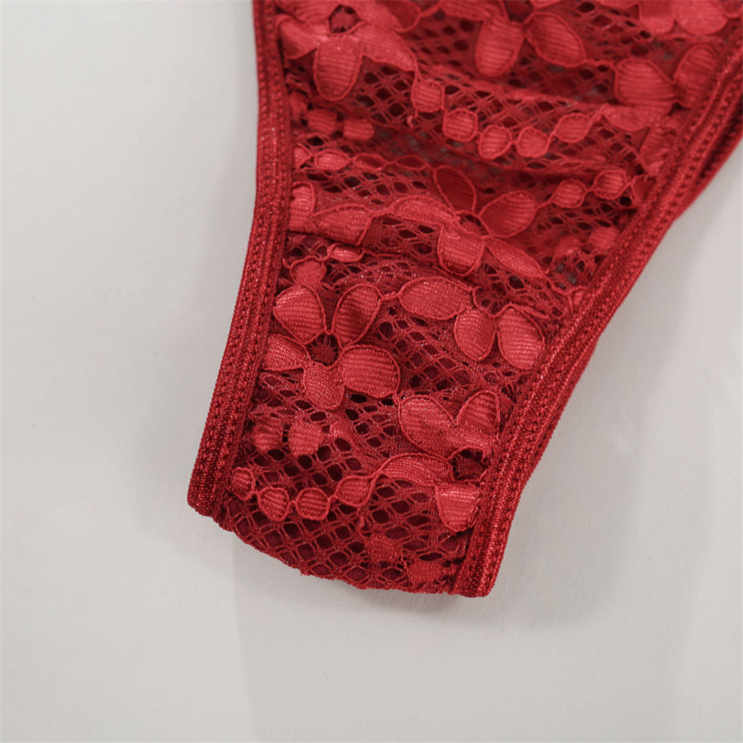 Red floral embroidery lingerie set with see-through lace bra and thong, 2-piece sexy underwear by The Clothing Company Sydney