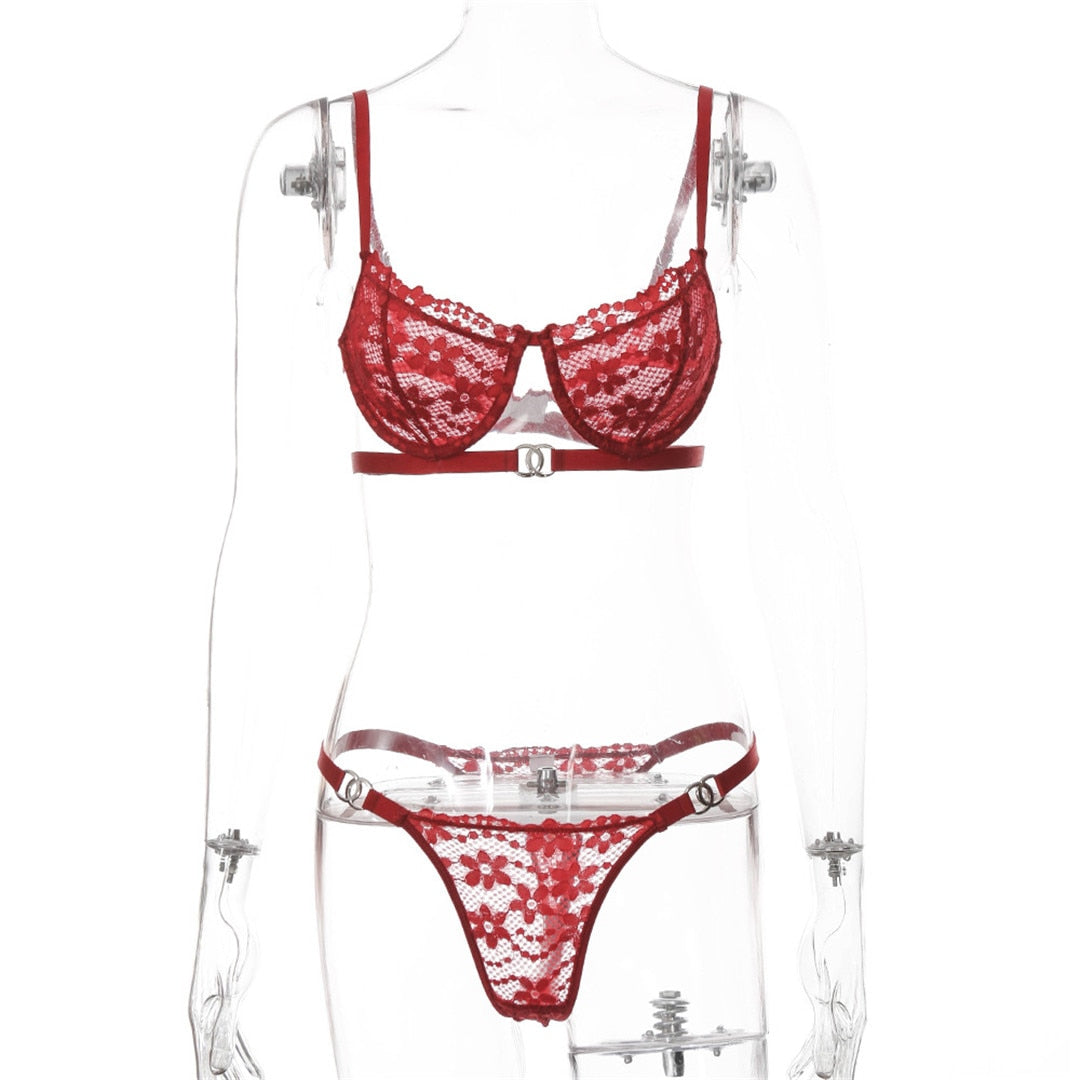 Red floral embroidery lingerie set with see-through lace bra and thong, featuring a 2-piece sexy underwear from The Clothing Company Sydney.