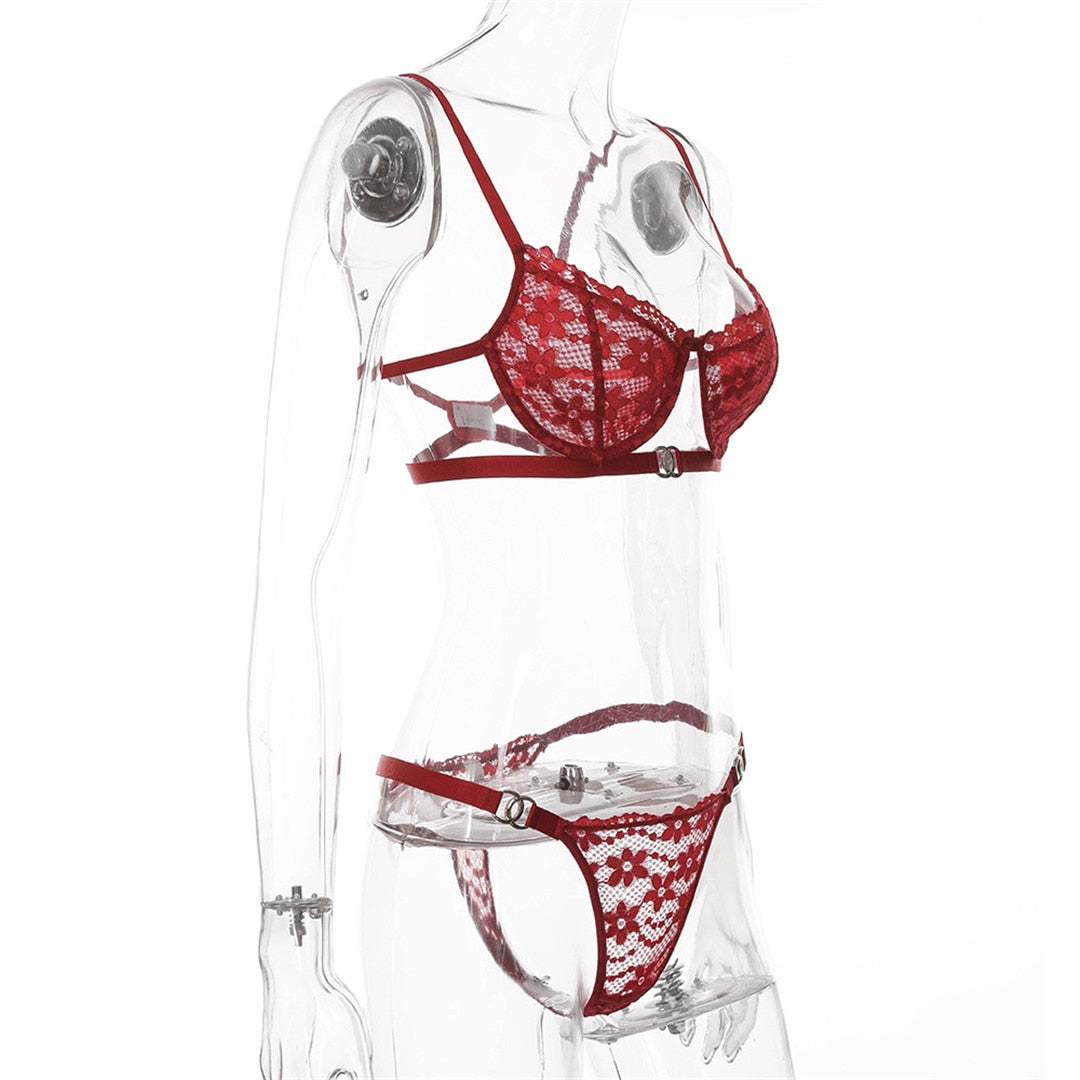 Red floral embroidery lingerie set with see-through lace bra and thong, featuring sexy, delicate design from The Clothing Company Sydney.