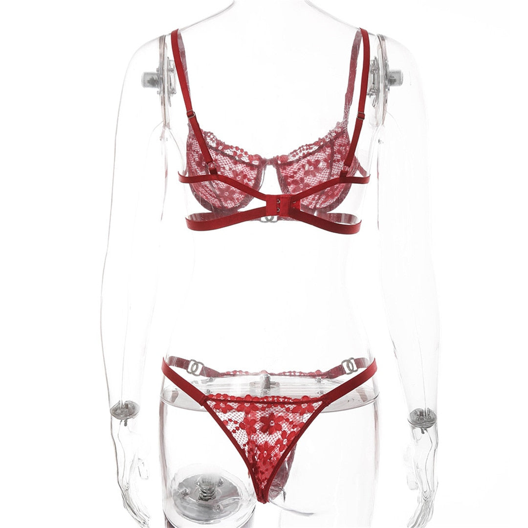 Red floral embroidery lingerie set with see-through lace bra and thong, 2-piece underwear by The Clothing Company Sydney.