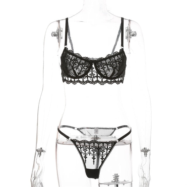 White embroidery lingerie set with underwire bra, half cup design, and matching underwear, stylish and comfortable for women.