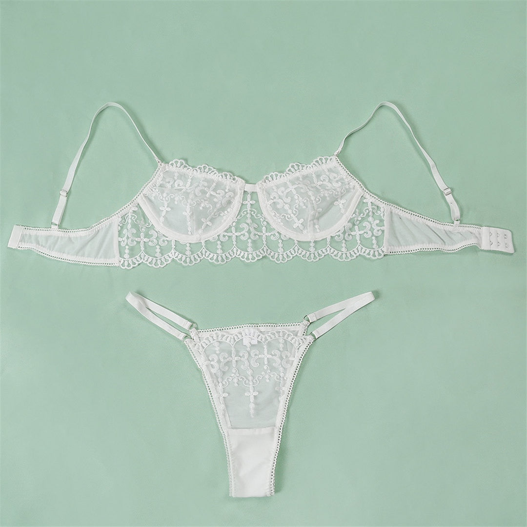 White embroidery lingerie set with underwire bra, including half cup bra and matching underwear, by The Clothing Company Sydney.