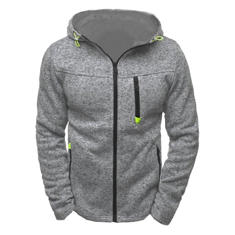 Men's fleece hoodie and zip sweatshirt jacket from The Clothing Company Sydney, showing a cozy hooded cardigan with front zipper.