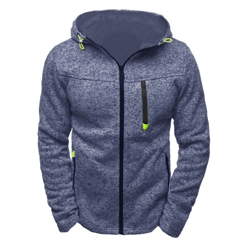 Men's fleece hoodie cardigan with zip front, hood, and sweatshirt style, by The Clothing Company Sydney, shown on a model.