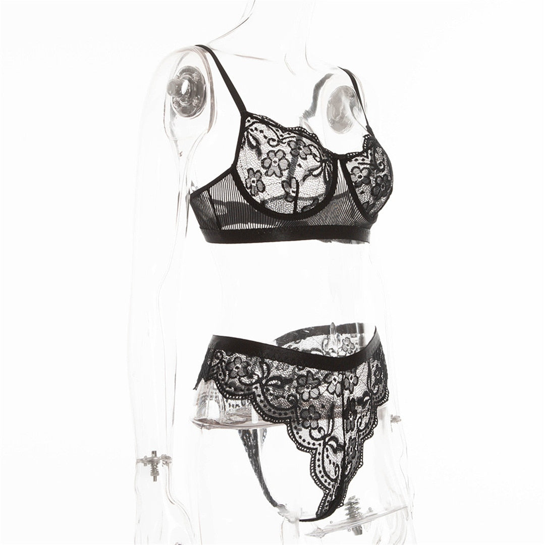 Blue lace lingerie set with transparent bra and matching briefs, 2-piece underwear by The Clothing Company Sydney.