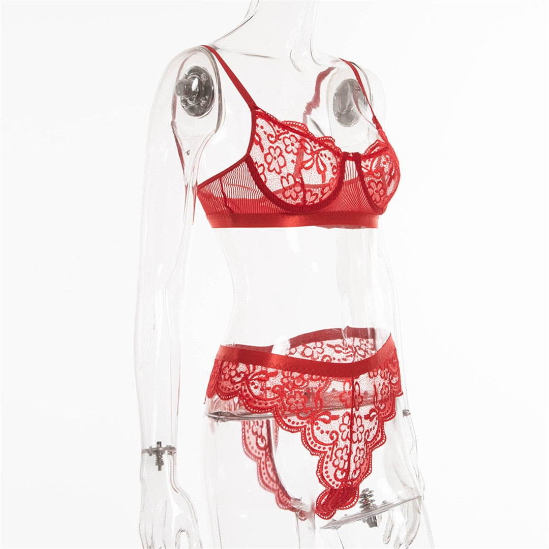 Blue lace lingerie set with transparent bra and matching briefs from The Clothing Company Sydney, featuring elegant and delicate details.