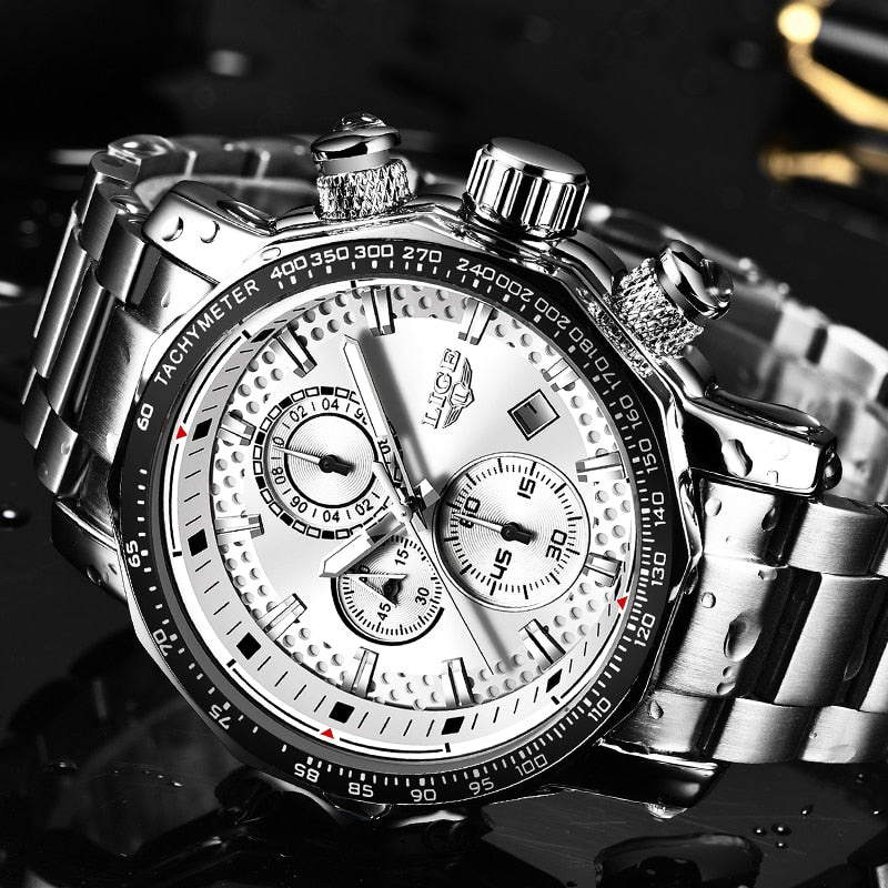 Silver men's sport quartz watch with big dial, military style, water-resistant chronograph by The Clothing Company Sydney.