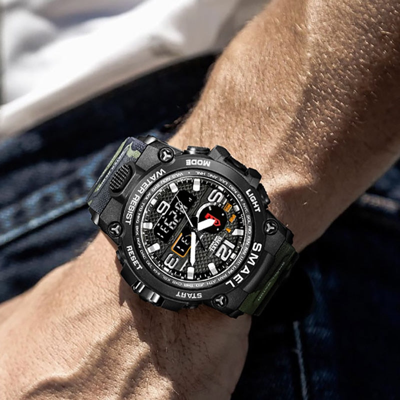 Water-resistant 50M military-style wristwatch with dual display, quartz movement, suitable for sports and outdoor use.