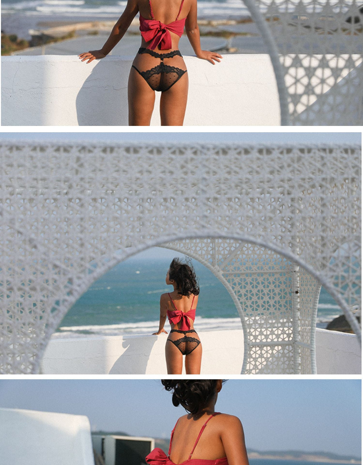 High-rise lace bandage panties by The Clothing Company Sydney, transparent hollow-out thong underwear with wave point seamless design.