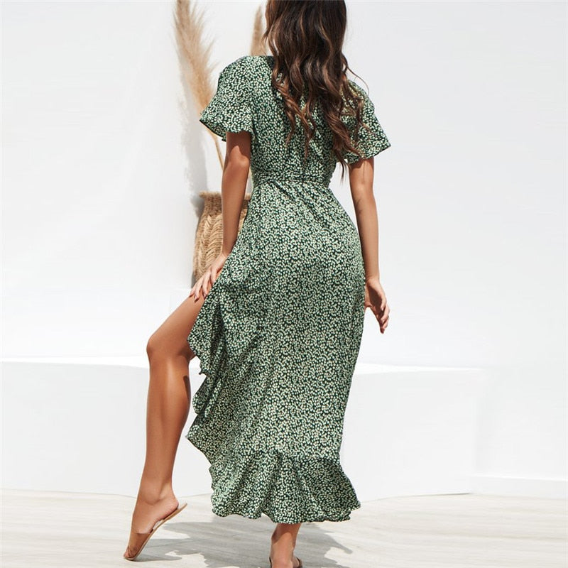 Floral print boho maxi dress by The Clothing Company Sydney featuring ruffles, V-neck, split design, perfect for summer beach or casual wear.
