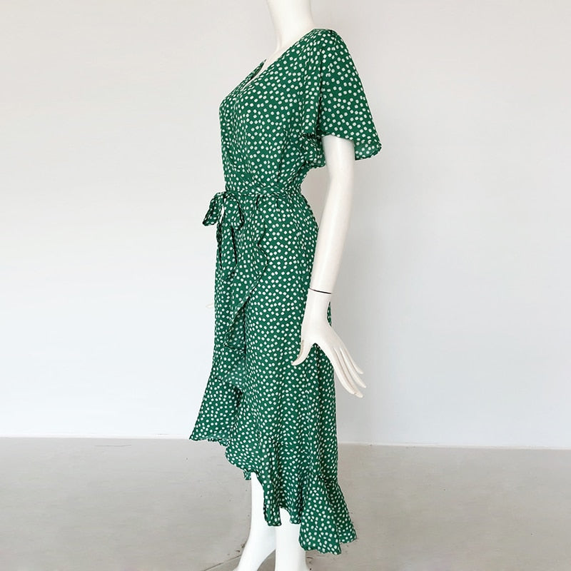 Floral print boho summer maxi dress with ruffles, V-neck, split design, and wrap style by The Clothing Company Sydney.