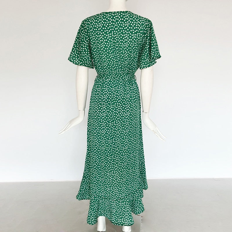 Floral print boho summer beach maxi dress with ruffles, V-neck, wrap design, and split from The Clothing Company Sydney