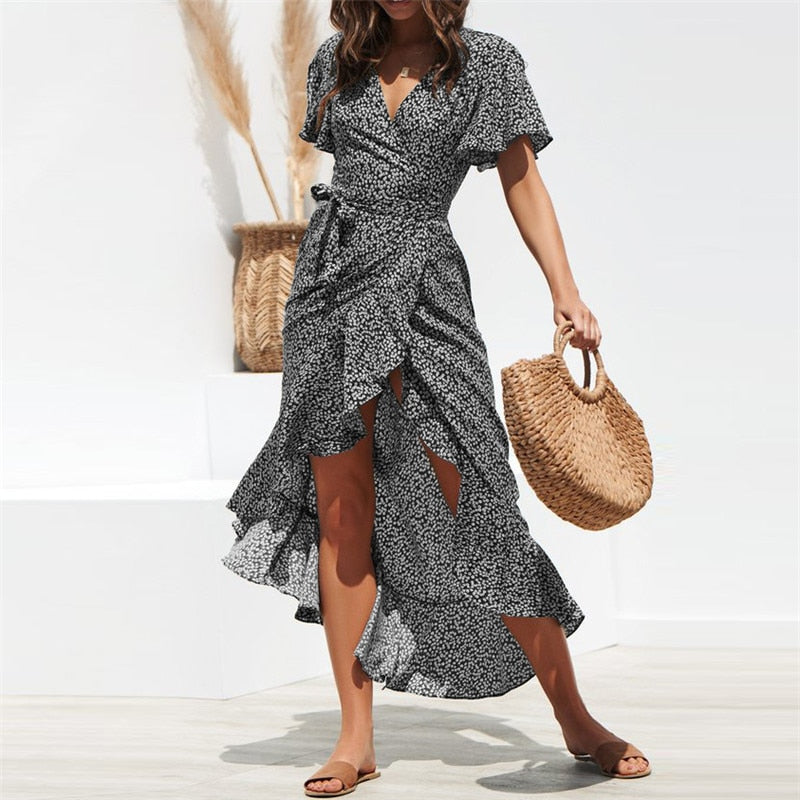 Floral print boho maxi dress with ruffles, V-neck, and split design by The Clothing Company Sydney, perfect for summer beach outings.