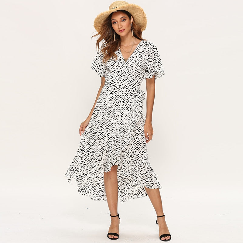 Floral print boho maxi dress with ruffles, V-neck, and split design by The Clothing Company Sydney, perfect for summer beach outings.