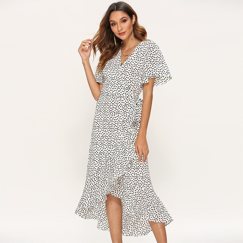 Floral print boho summer maxi dress with ruffles, V-neck, split design, long wrap style by The Clothing Company Sydney