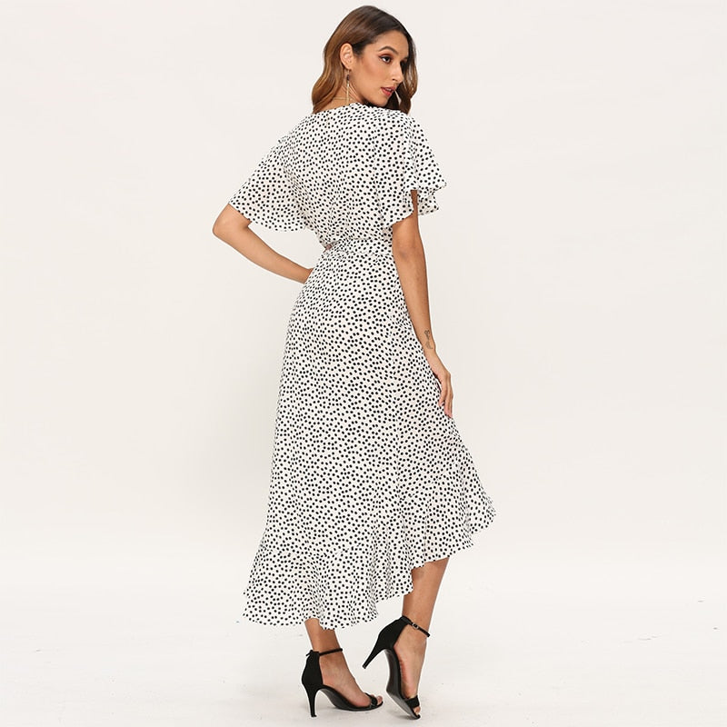 Floral print boho summer beach maxi dress with ruffles, V-neck, split design, casual wrap style by The Clothing Company Sydney