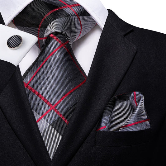 3 Piece Fashion Business Black Plaid 100% Silk Men's Neck Tie 8.5cm Formal Luxury Cufflinks Pocket Square Wedding Set The Clothing Company Sydney