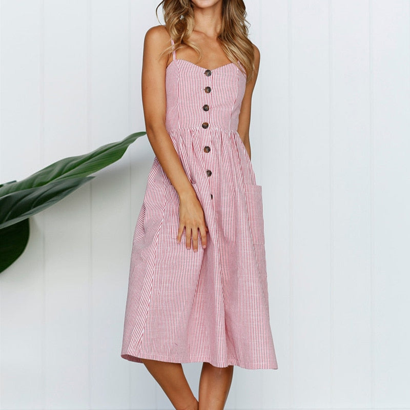 Vintage casual sundress by The Clothing Company Sydney, polka dot and striped floral midi dress with backless, button details for summer.