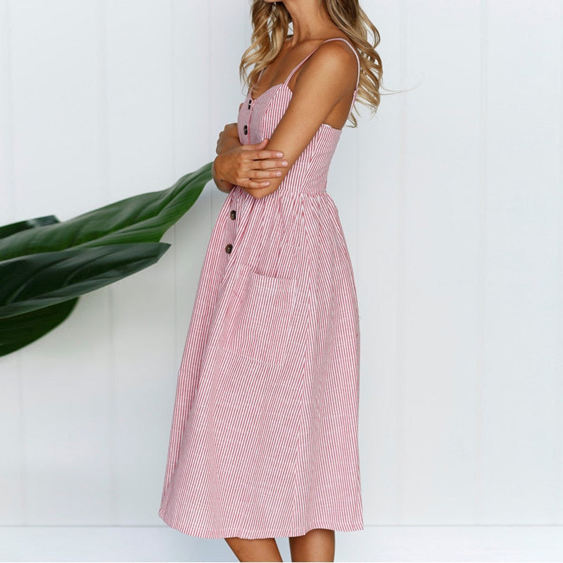 Vintage casual sundress from The Clothing Company Sydney featuring polka dots, stripes, floral pattern, midi length, backless design.