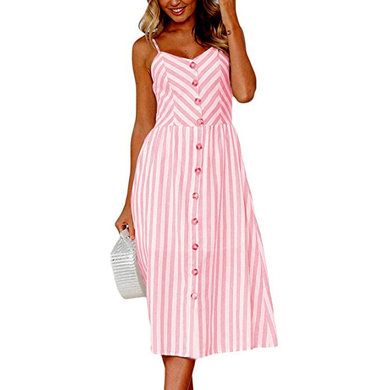 Vintage boho sundress by The Clothing Company Sydney featuring polka dots, stripes, floral pattern, midi length, button backless design.