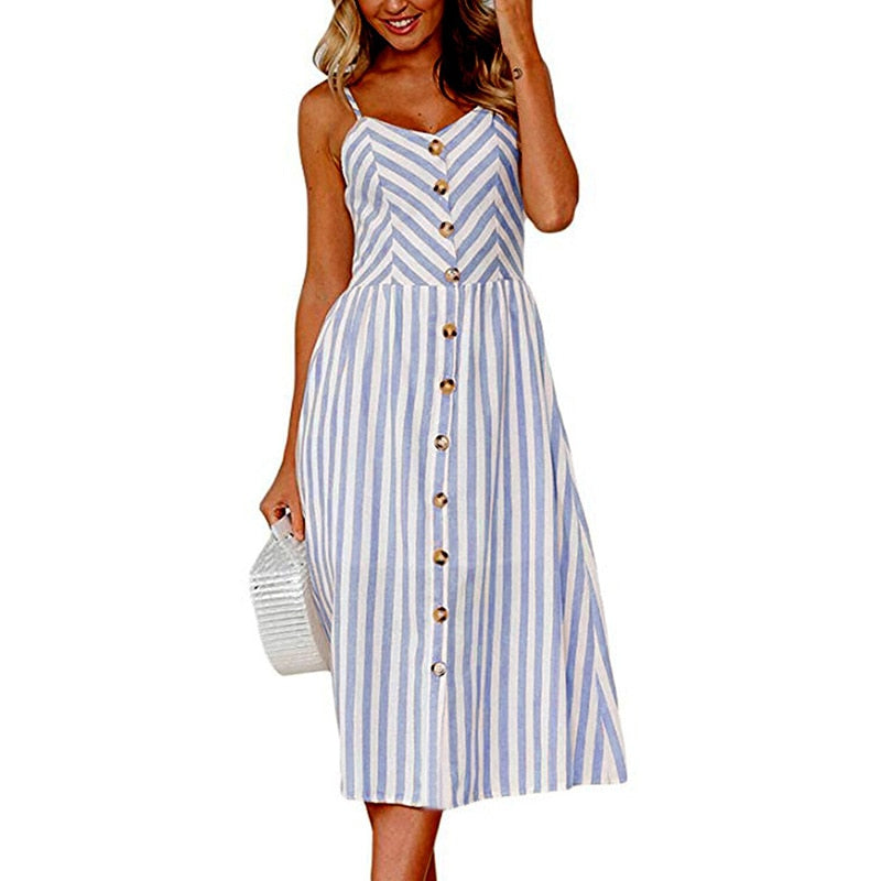 Vintage casual sundress by The Clothing Company Sydney featuring polka dots, stripes, floral print, midi length, backless design, perfect for summer.