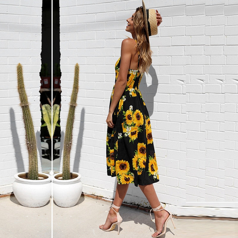 Vintage boho sundress by The Clothing Company Sydney featuring polka dots, stripes, floral patterns, midi length, backless, and button details.