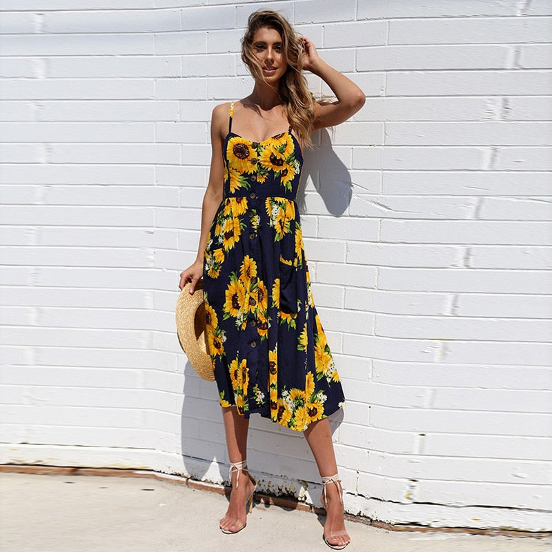 Vintage casual sundress by The Clothing Company Sydney featuring polka dots, stripes, floral pattern, midi length, backless, summer boho style.