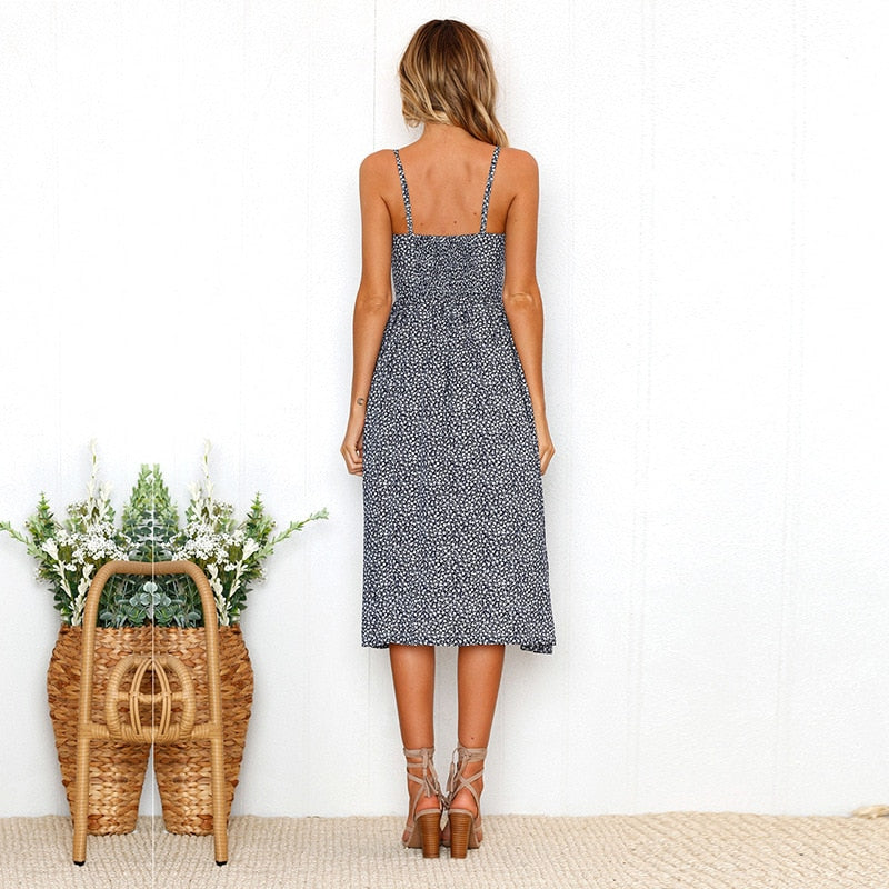 Vintage boho summer sundress by The Clothing Company Sydney featuring polka dots, stripes, floral pattern, midi length, backless, button detail
