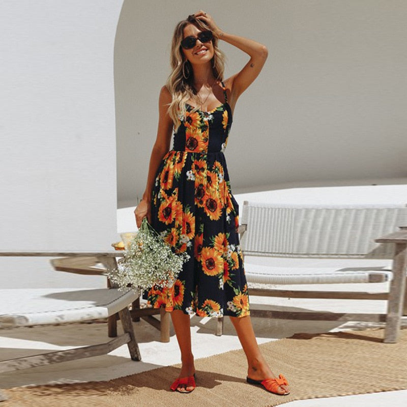 Vintage casual sundress by The Clothing Company Sydney featuring polka dots, stripes, floral pattern, midi length, backless design.