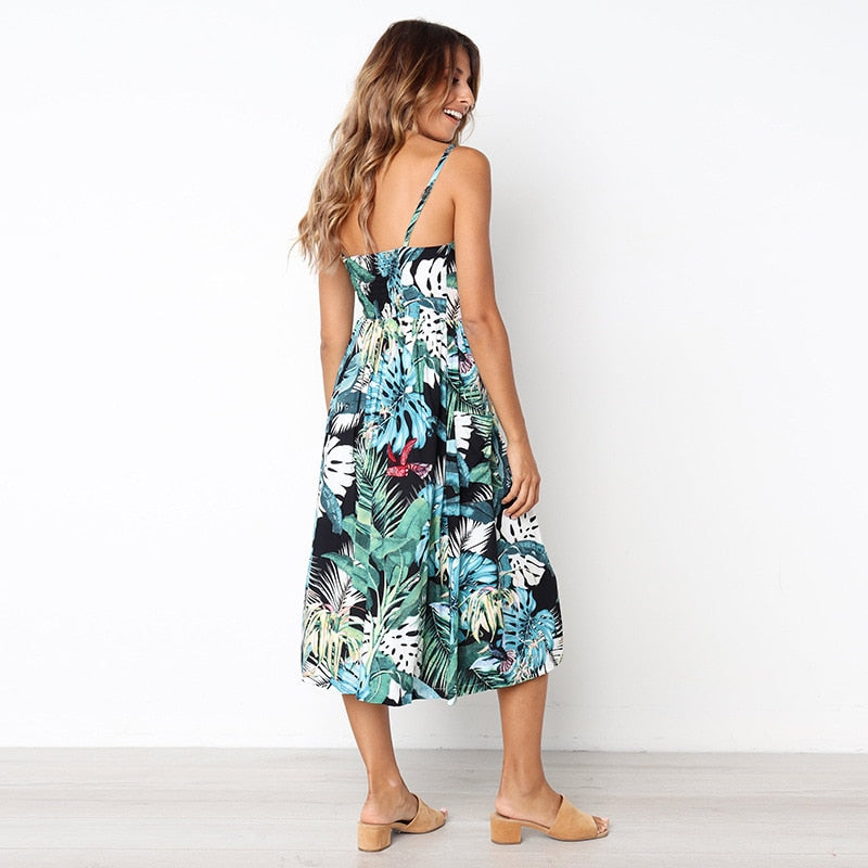 Vintage casual sundress by The Clothing Company Sydney featuring polka dots, stripes, floral design, midi length, backless, and button details.