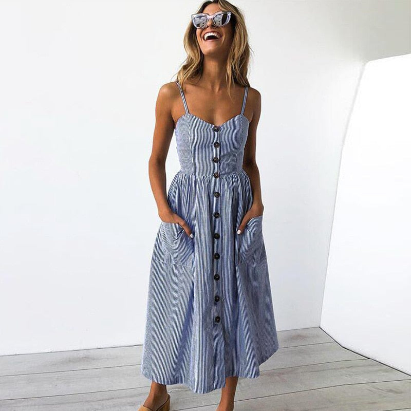 Vintage boho sundress by The Clothing Company Sydney featuring polka dots, stripes, floral pattern, midi length, backless design.