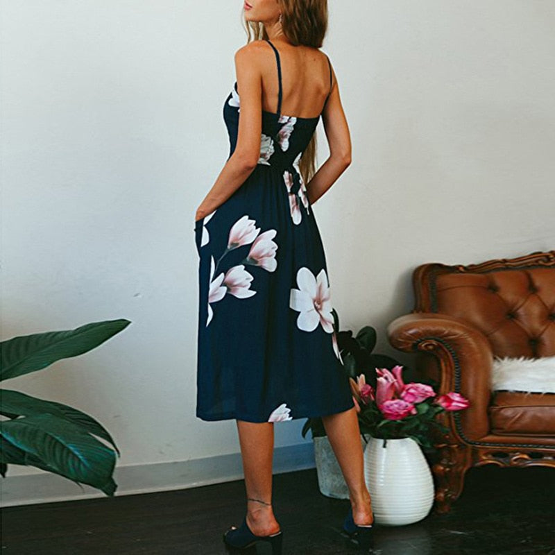 Vintage boho summer sundress by The Clothing Company Sydney featuring polka dots, stripes, midi length, button backless design, floral print.