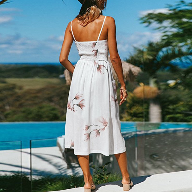 Vintage boho sundress by The Clothing Company Sydney featuring polka dots, stripes, floral patterns, midi length, backless, and button details.