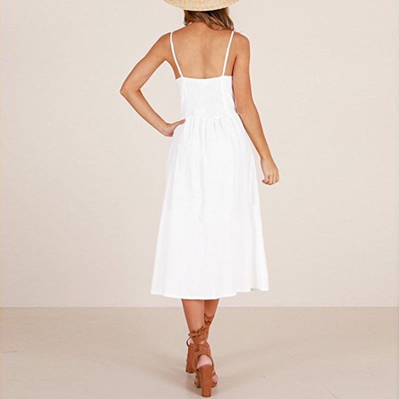 Vintage casual sundress by The Clothing Company Sydney featuring polka dots, stripes, floral pattern, midi length, backless design.