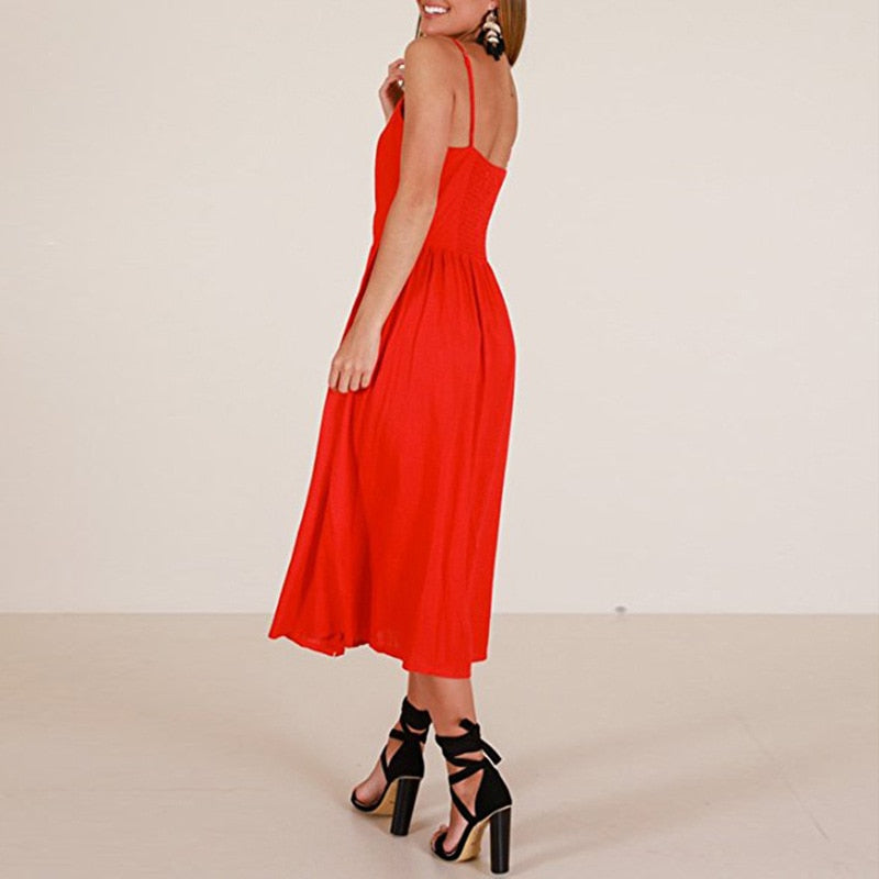 Vintage boho sundress by The Clothing Company Sydney featuring polka dots, stripes, floral pattern, midi length, backless, and button details.