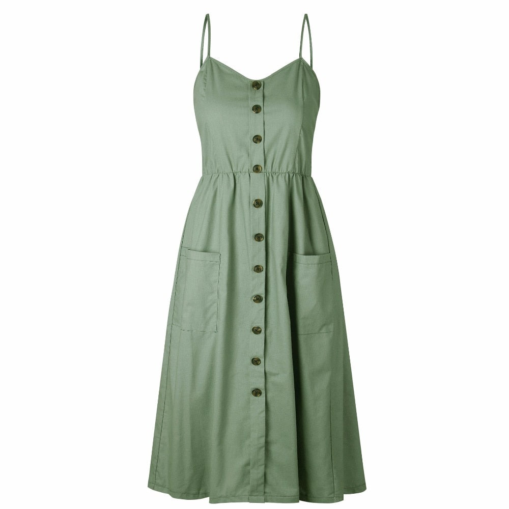 Vintage casual sundress by The Clothing Company Sydney featuring polka dots, stripes, floral print, midi length, backless, and button details.