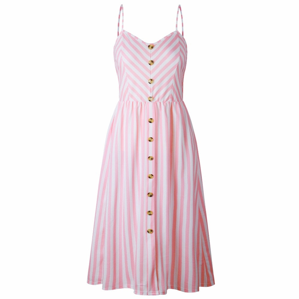 Vintage casual sundress by The Clothing Company Sydney, featuring polka dots, stripes, floral prints, and a backless, midi summer design.