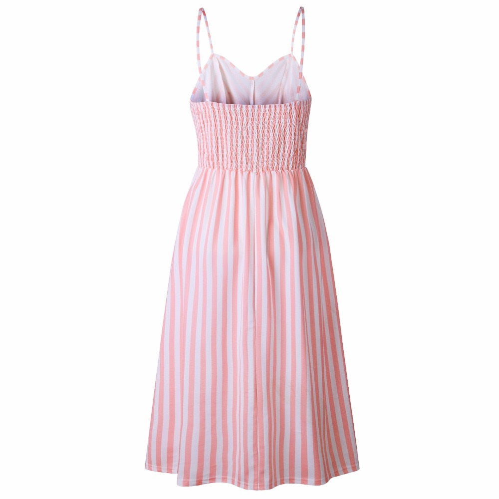 Vintage casual sundress by The Clothing Company Sydney featuring polka dots, stripes, floral design, midi length, backless, and button details.