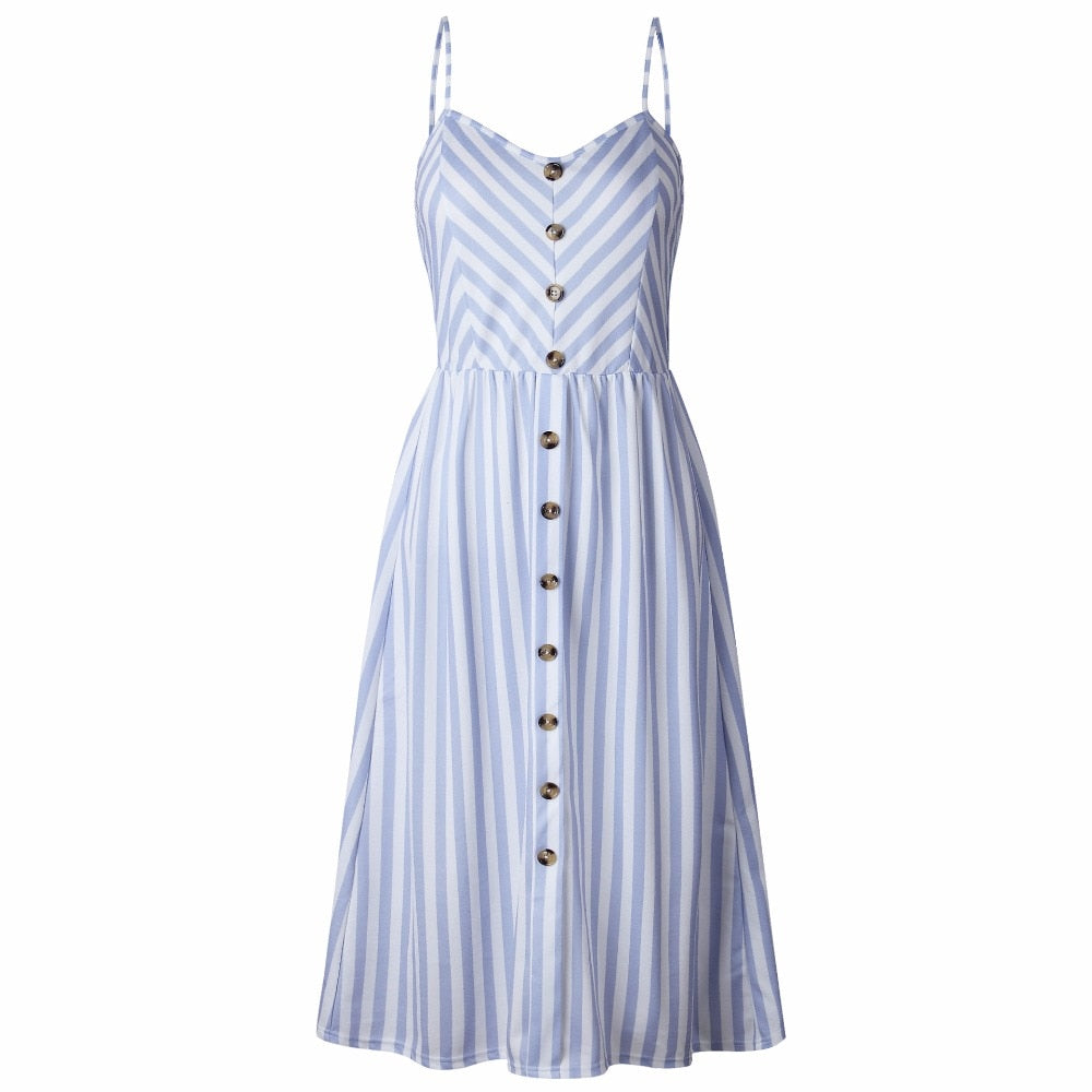 Vintage casual sundress by The Clothing Company Sydney featuring polka dots, stripes, floral pattern, backless design, midi length.
