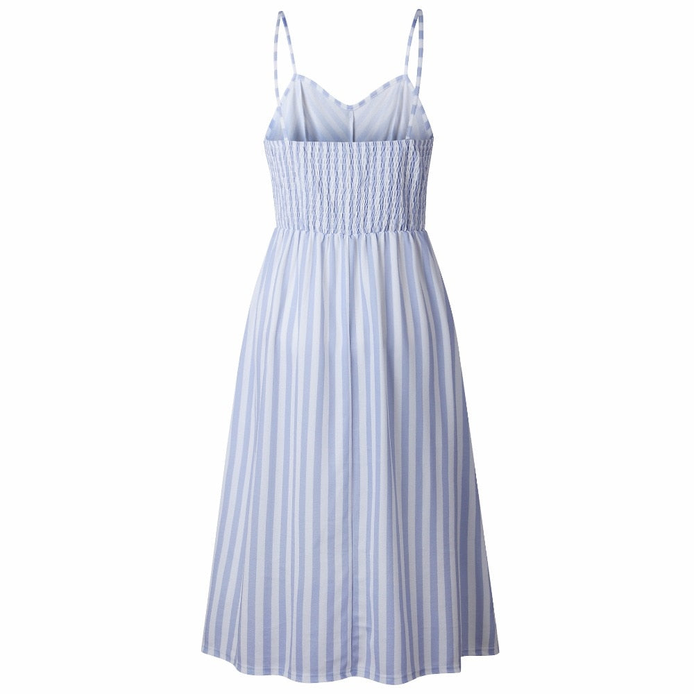 Vintage casual sundress by The Clothing Company Sydney featuring polka dots, stripes, floral pattern, midi length, backless design.