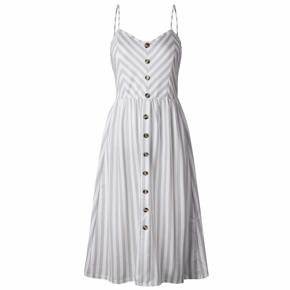 Vintage casual sundress from The Clothing Company Sydney featuring polka dot and striped floral patterns, backless midi beach dress.