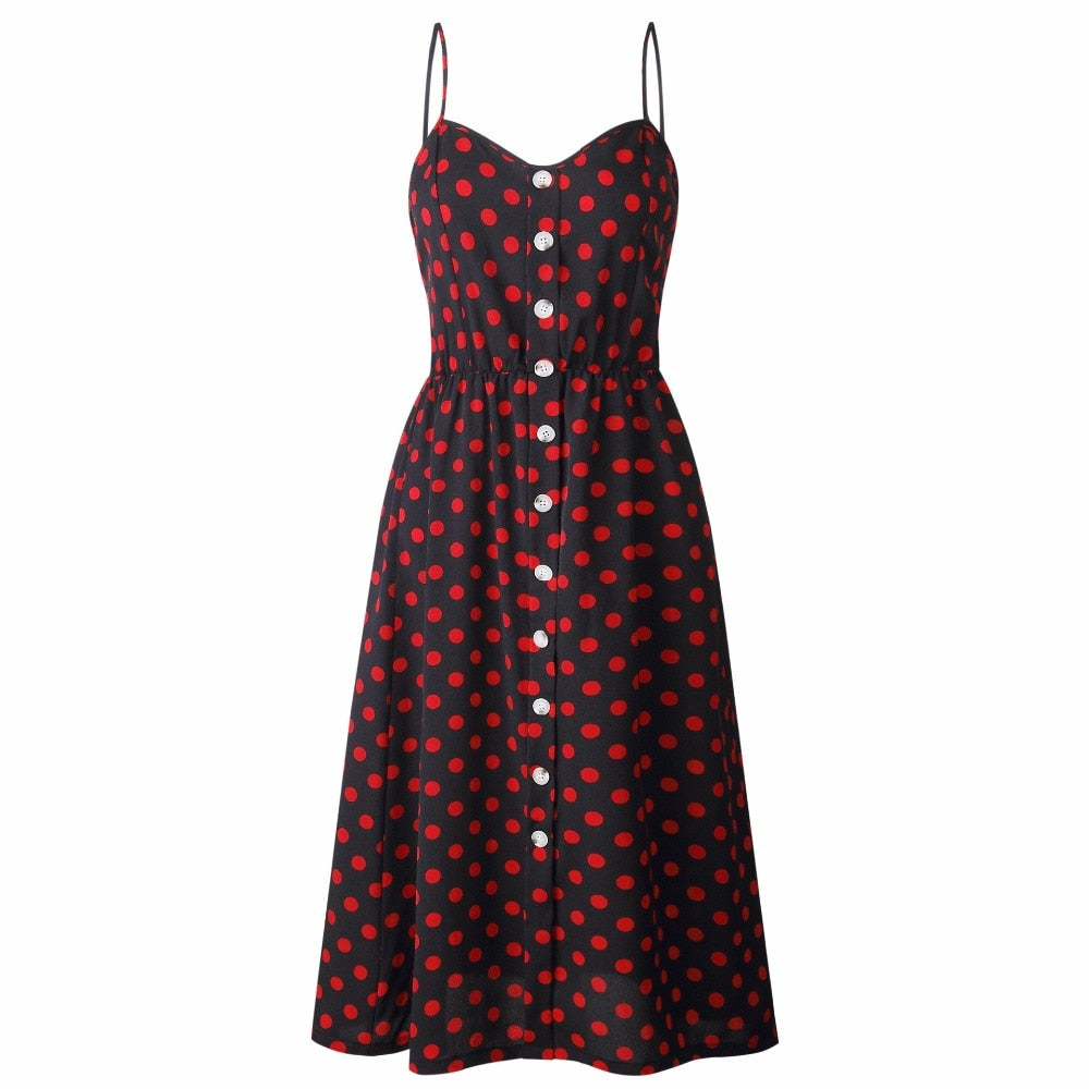 Vintage casual sundress from The Clothing Company Sydney featuring polka dots, stripes, floral print, backless design, midi length, and buttons.